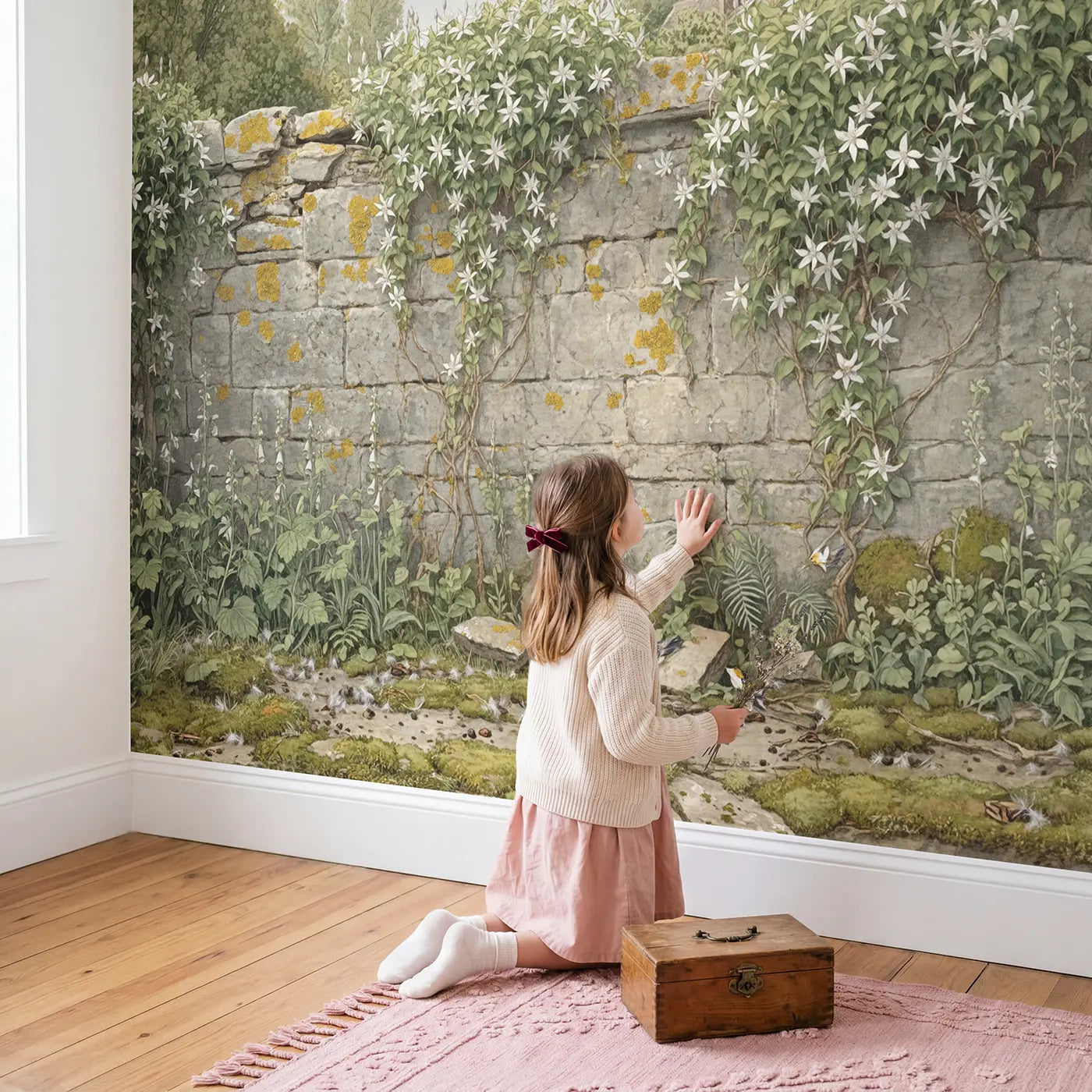 Child in nursery with Wild Clematis Stone Wall Wallpaper Mural by Whimsy Tots