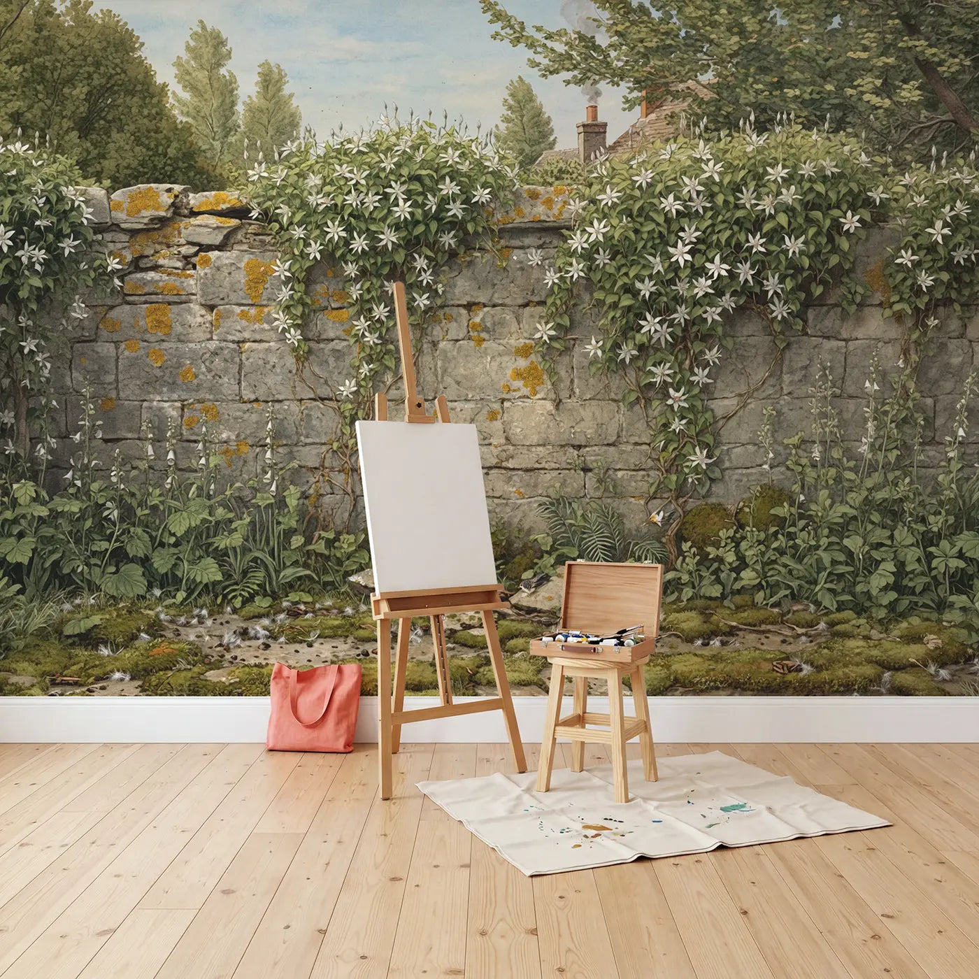 Wild Clematis Stone Wall Wallpaper Mural in playroom setting by Whimsy Tots