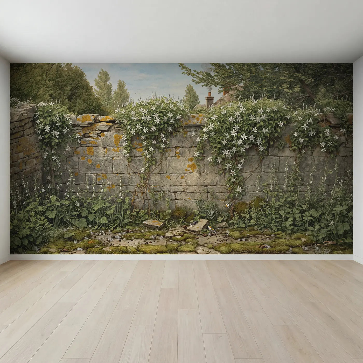 Full view of Wild Clematis Stone Wall Wallpaper Mural by Whimsy Tots