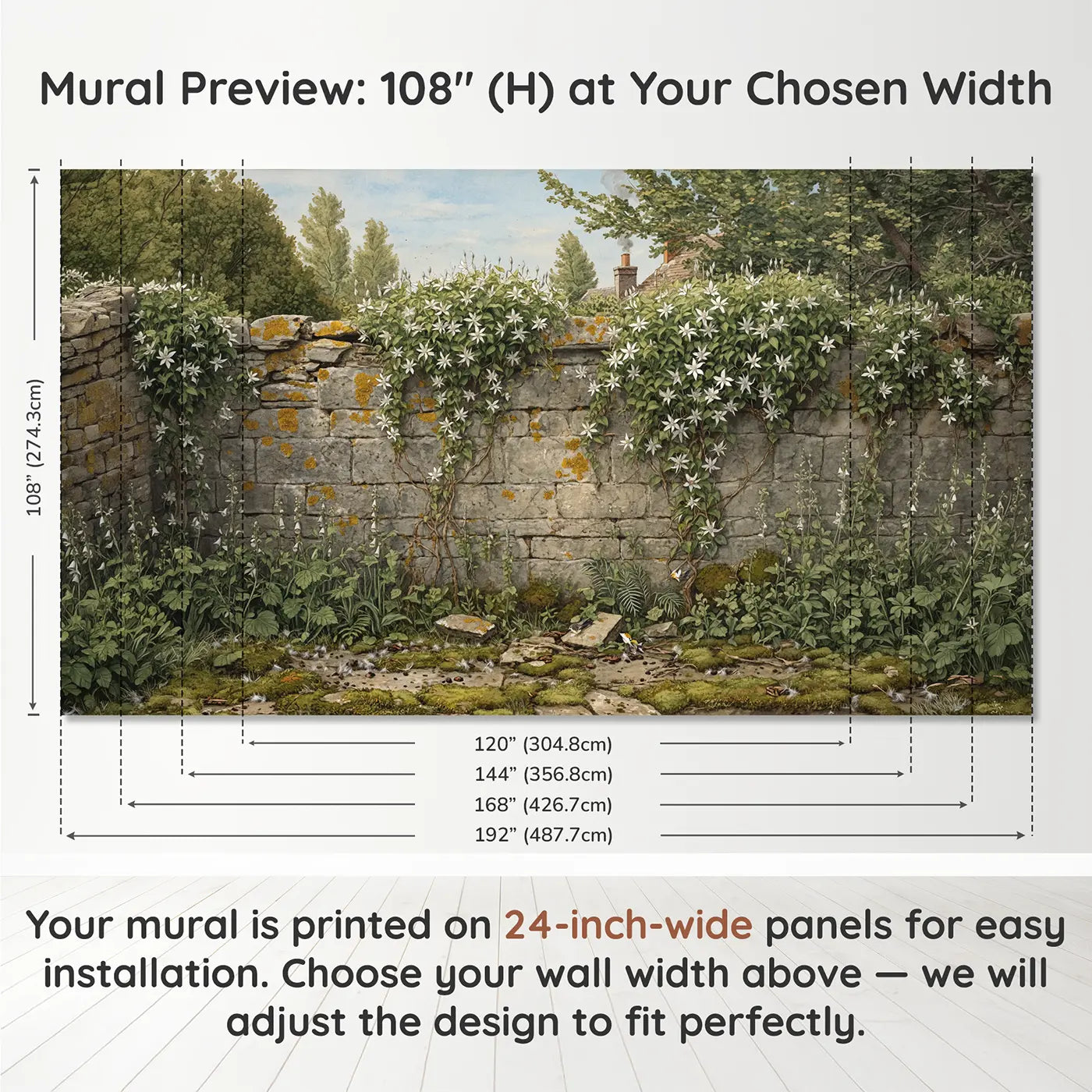 Panel layout and dimensions for Wild Clematis Stone Wall Wallpaper Mural by Whimsy Tots