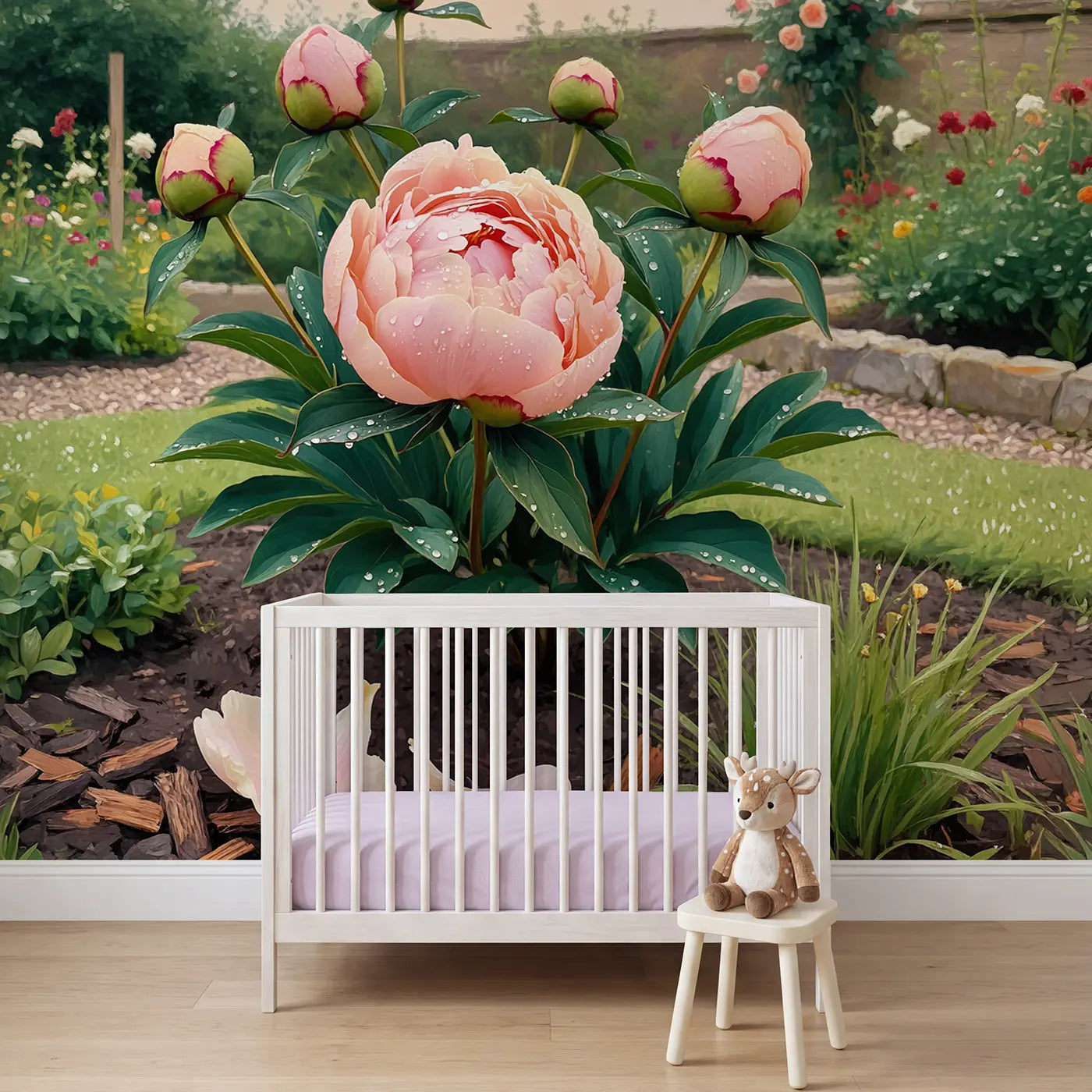 Soft pastel peony and garden wallpaper mural for nursery by Whimsy Tots