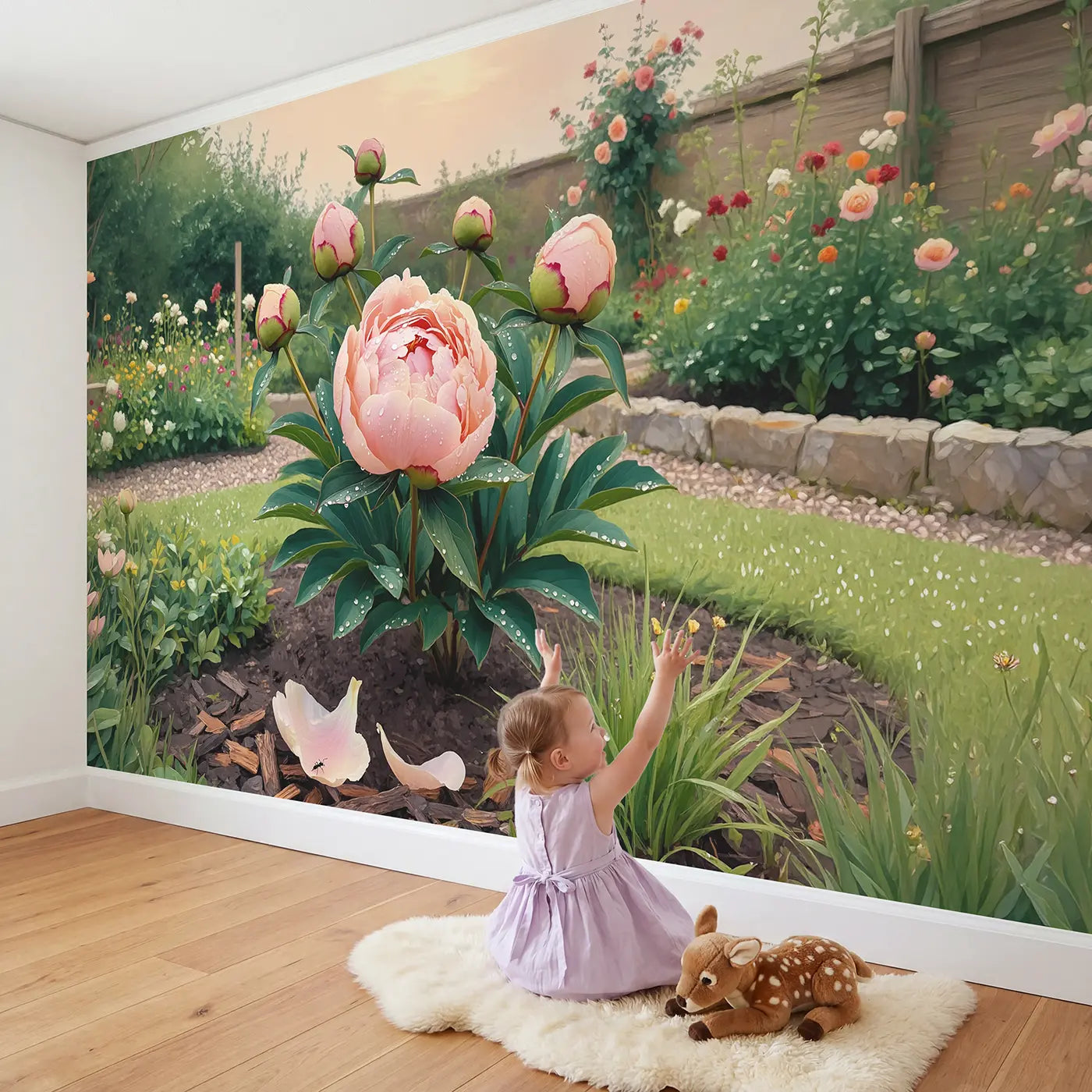 Child in nursery with Peony Bud Morning Dew Wallpaper Mural by Whimsy Tots
