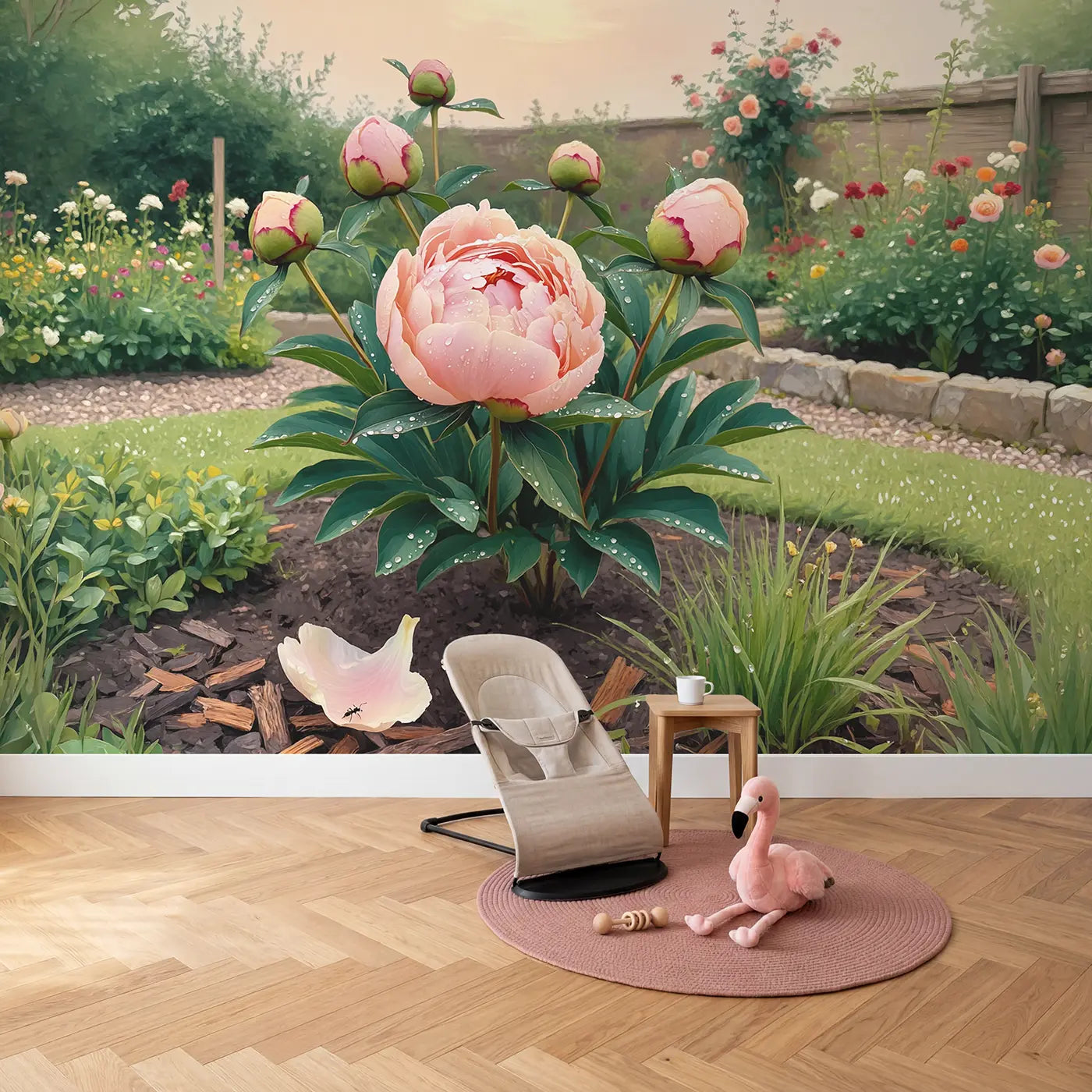 Peony Bud Morning Dew Wallpaper Mural in playroom setting by Whimsy Tots