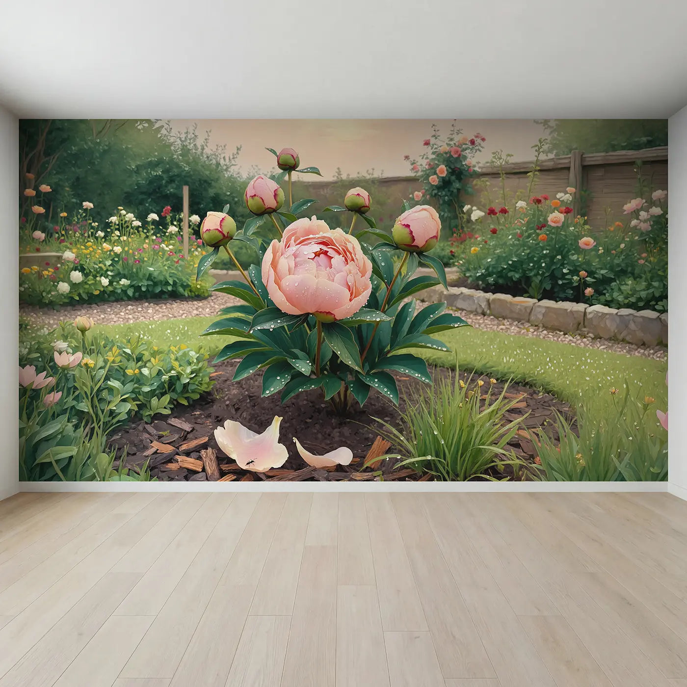 Full view of Peony Bud Morning Dew Wallpaper Mural by Whimsy Tots