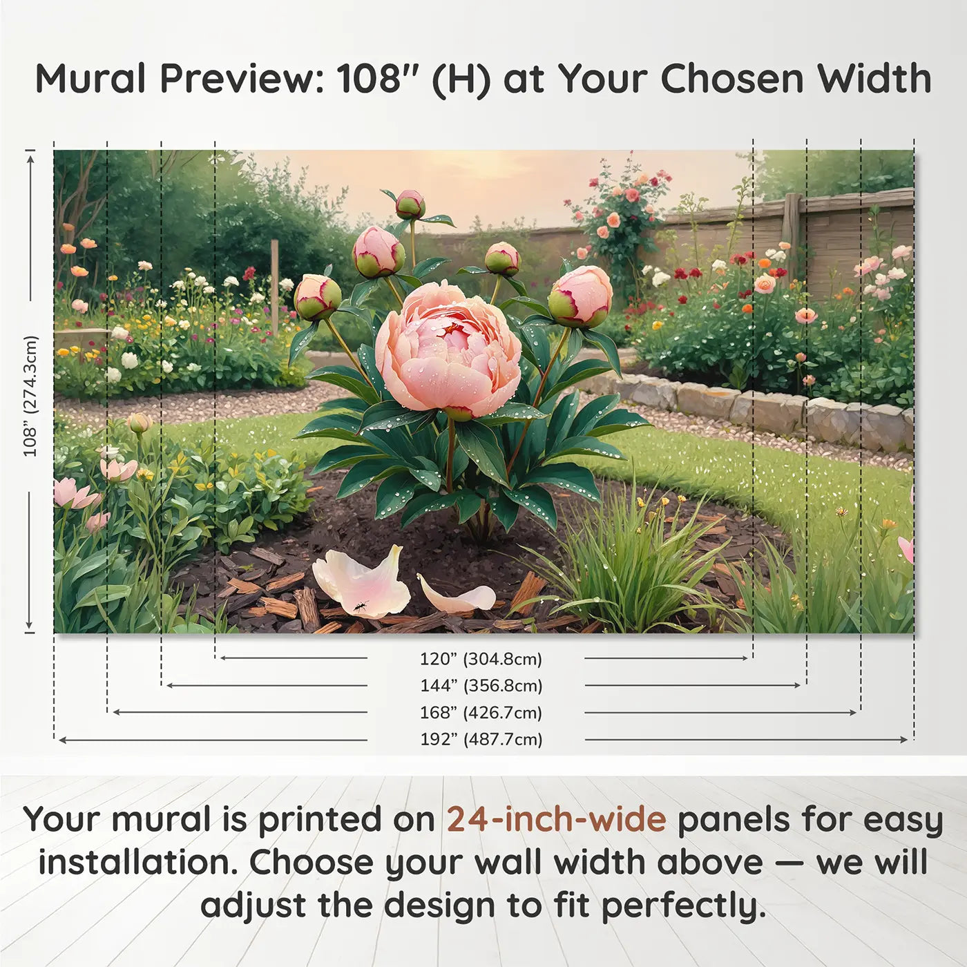 Panel layout and dimensions for Peony Bud Morning Dew Wallpaper Mural by Whimsy Tots