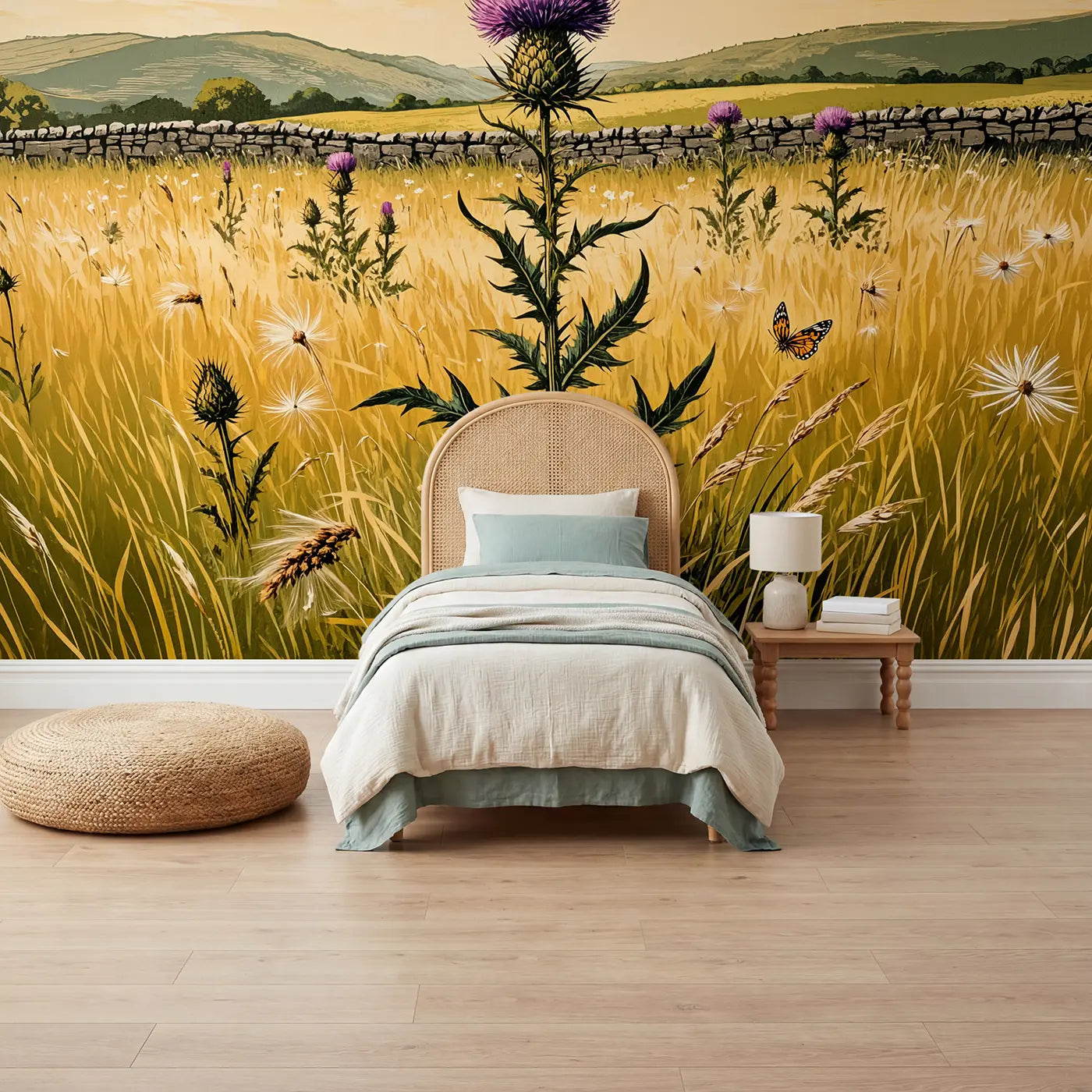 Block print thistle floral meadow wallpaper mural for kids room by Whimsy Tots