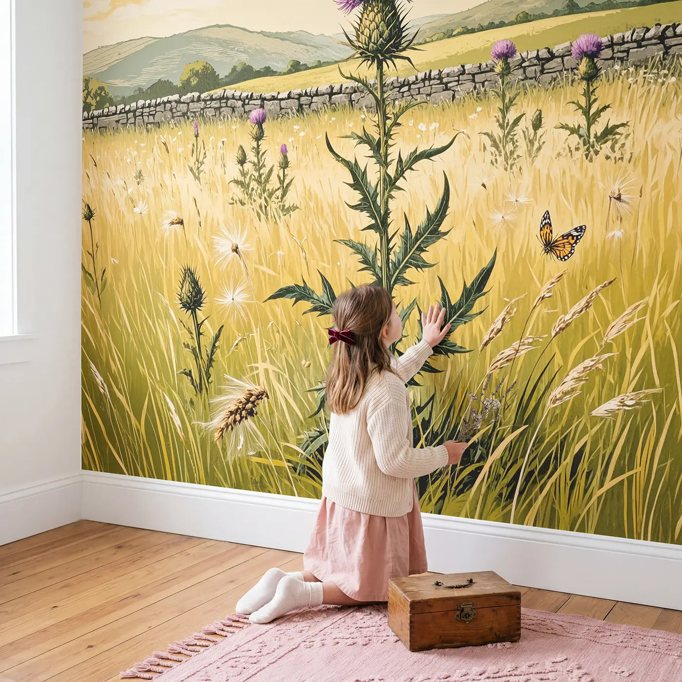 Child in nursery with Highland Thistle Field Wallpaper Mural by Whimsy Tots