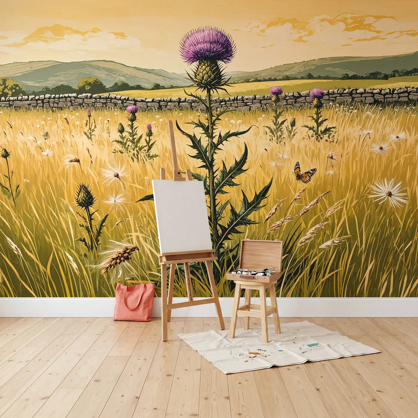 Highland Thistle Field Wallpaper Mural in playroom setting by Whimsy Tots