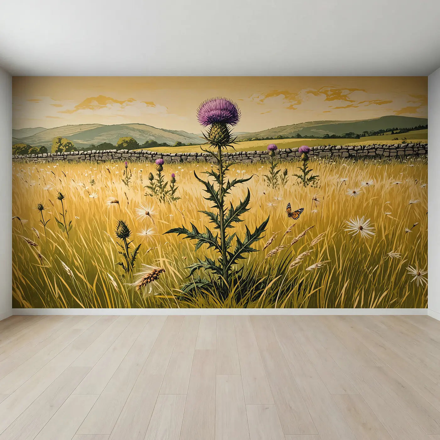 Full view of Highland Thistle Field Wallpaper Mural by Whimsy Tots
