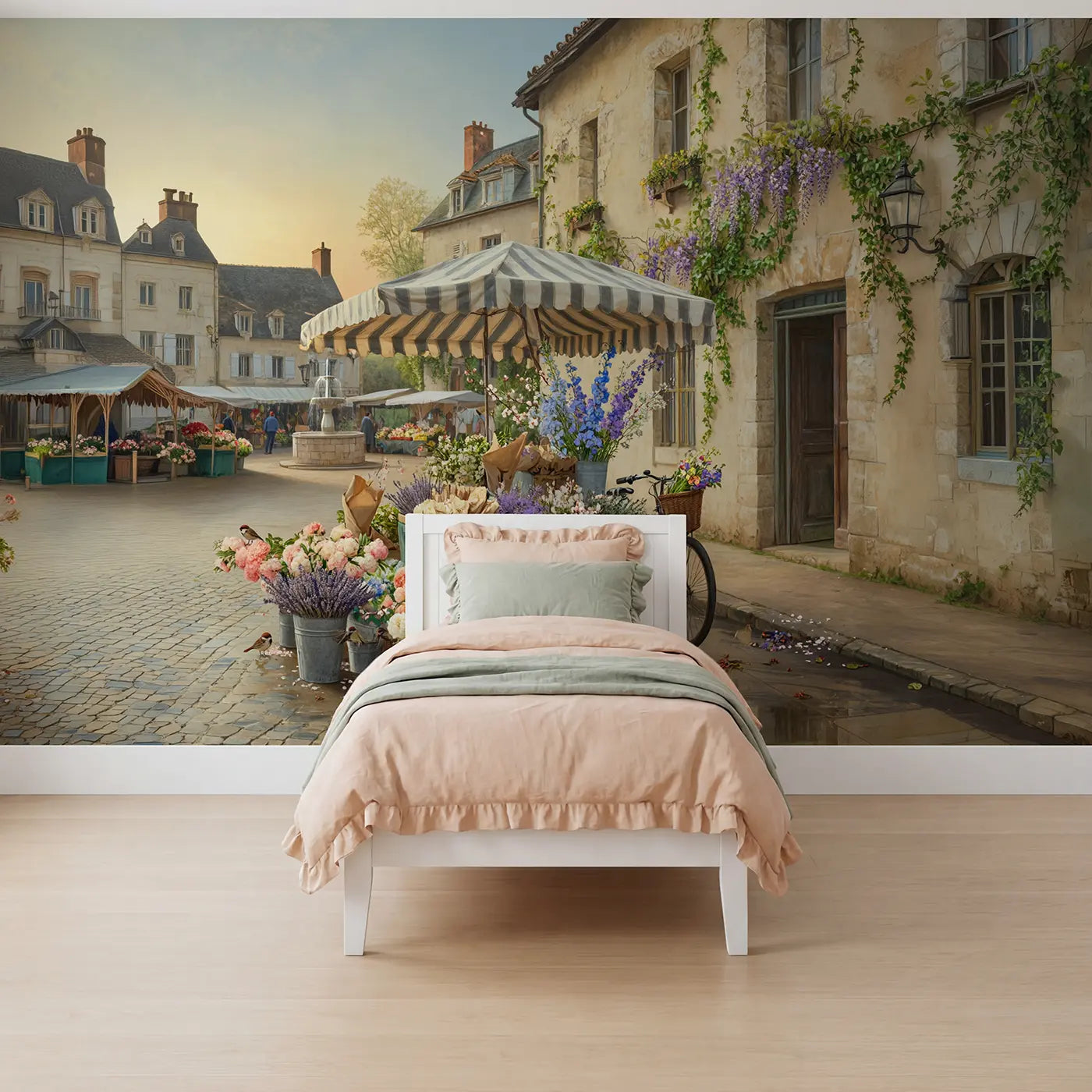 Botanical elegance village flower market roses wallpaper mural for girls room by Whimsy Tots