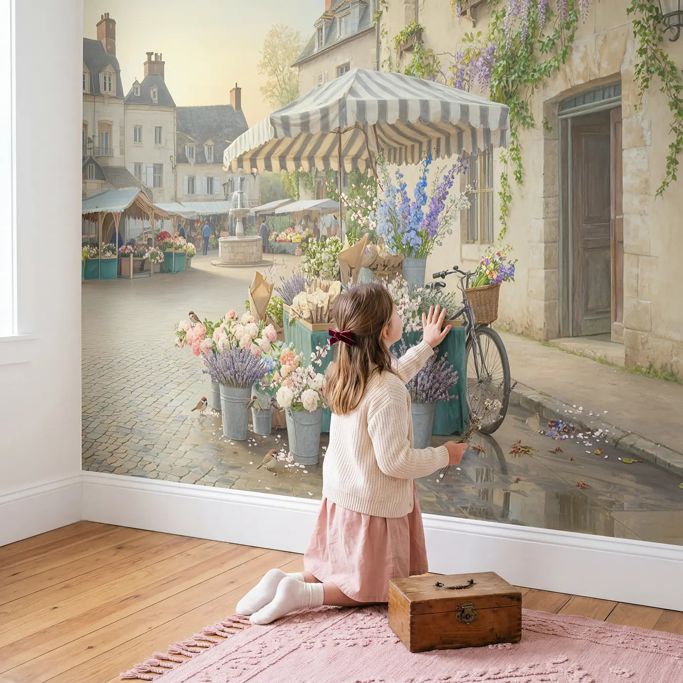 Child in nursery with Village Flower Market Morning Wallpaper Mural by Whimsy Tots