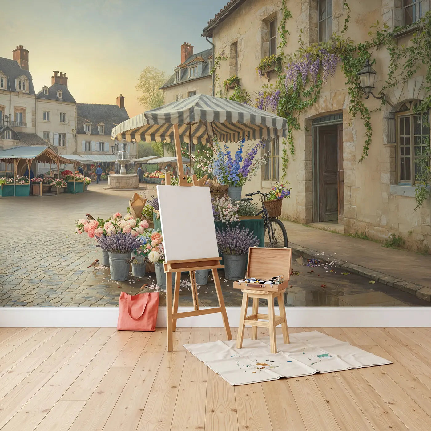 Village Flower Market Morning Wallpaper Mural in playroom setting by Whimsy Tots