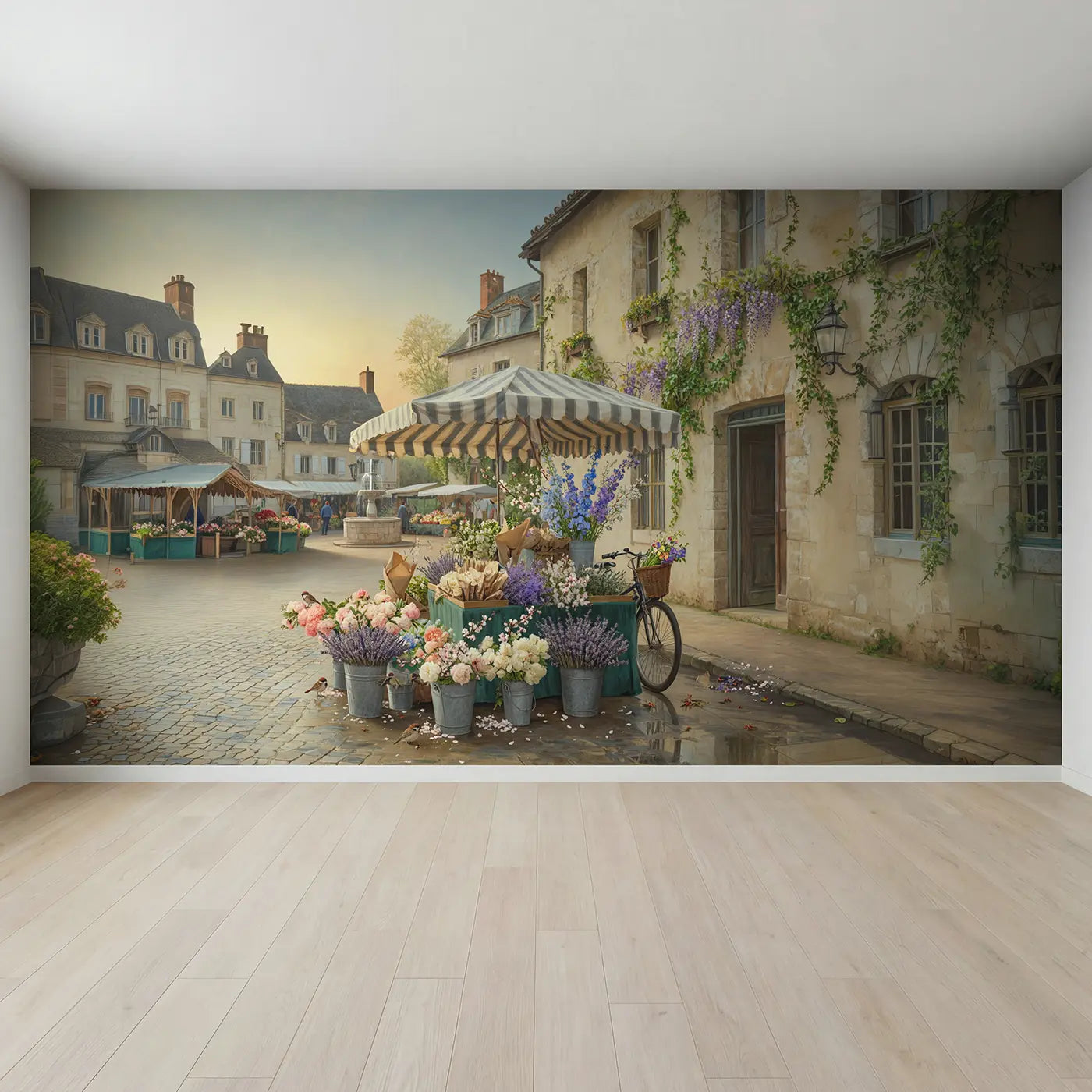 Full view of Village Flower Market Morning Wallpaper Mural by Whimsy Tots