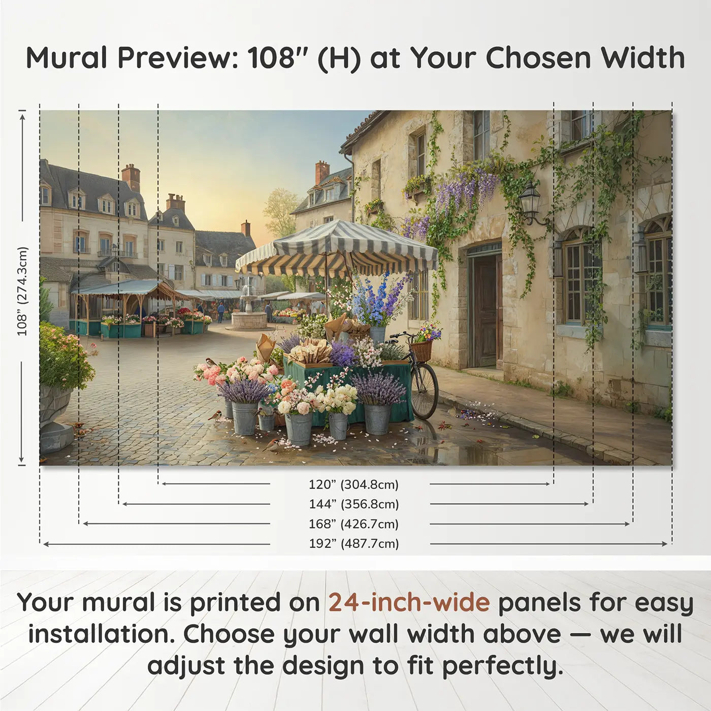 Panel layout and dimensions for Village Flower Market Morning Wallpaper Mural by Whimsy Tots