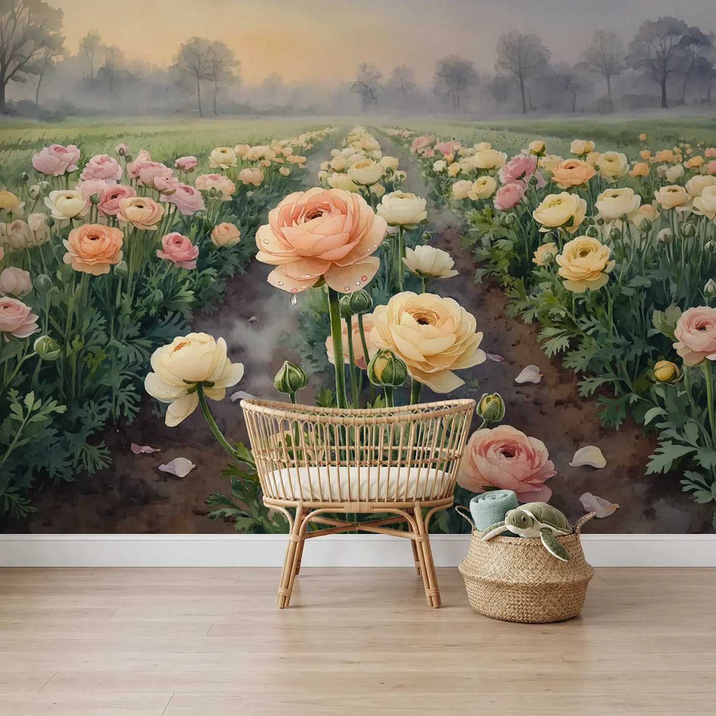 Watercolor ranunculus flower field dawn wallpaper mural for boys nursery by Whimsy Tots