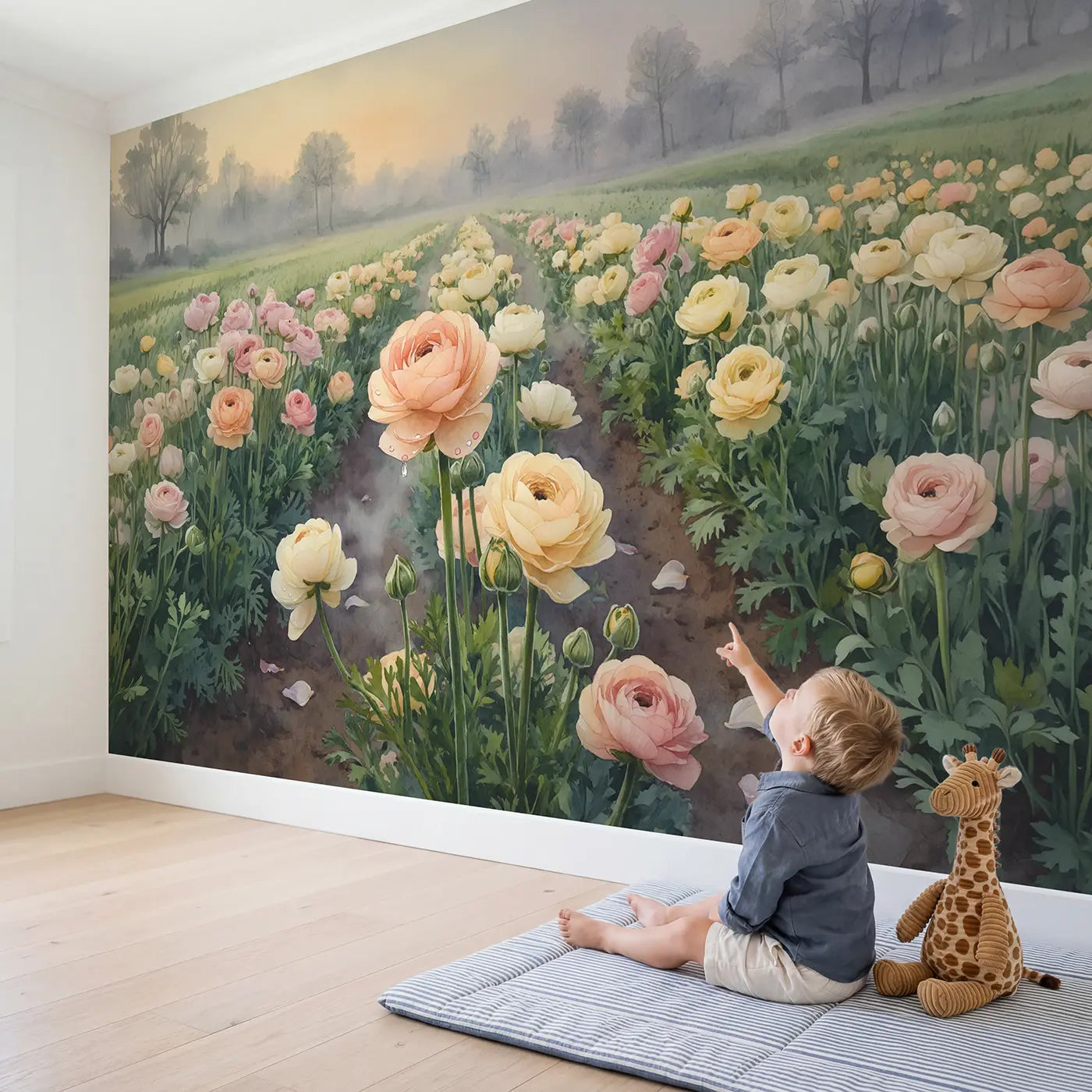 Child in nursery with Soft Ranunculus Field Wallpaper Mural by Whimsy Tots