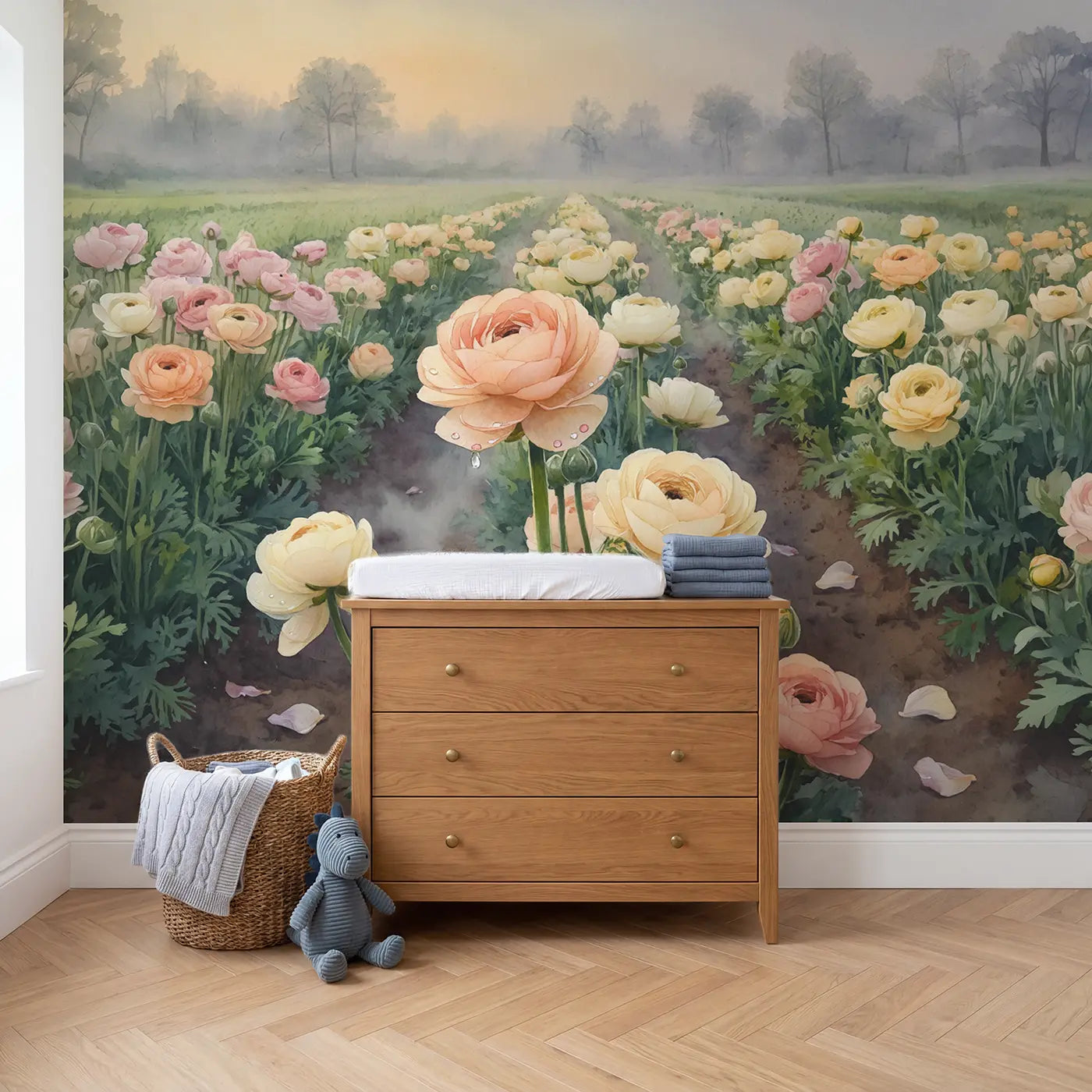 Soft Ranunculus Field Wallpaper Mural in playroom setting by Whimsy Tots