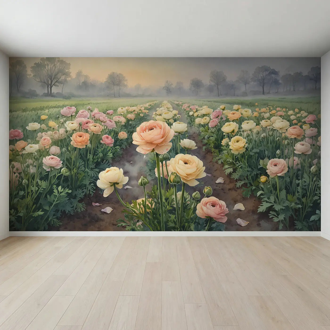 Full view of Soft Ranunculus Field Wallpaper Mural by Whimsy Tots