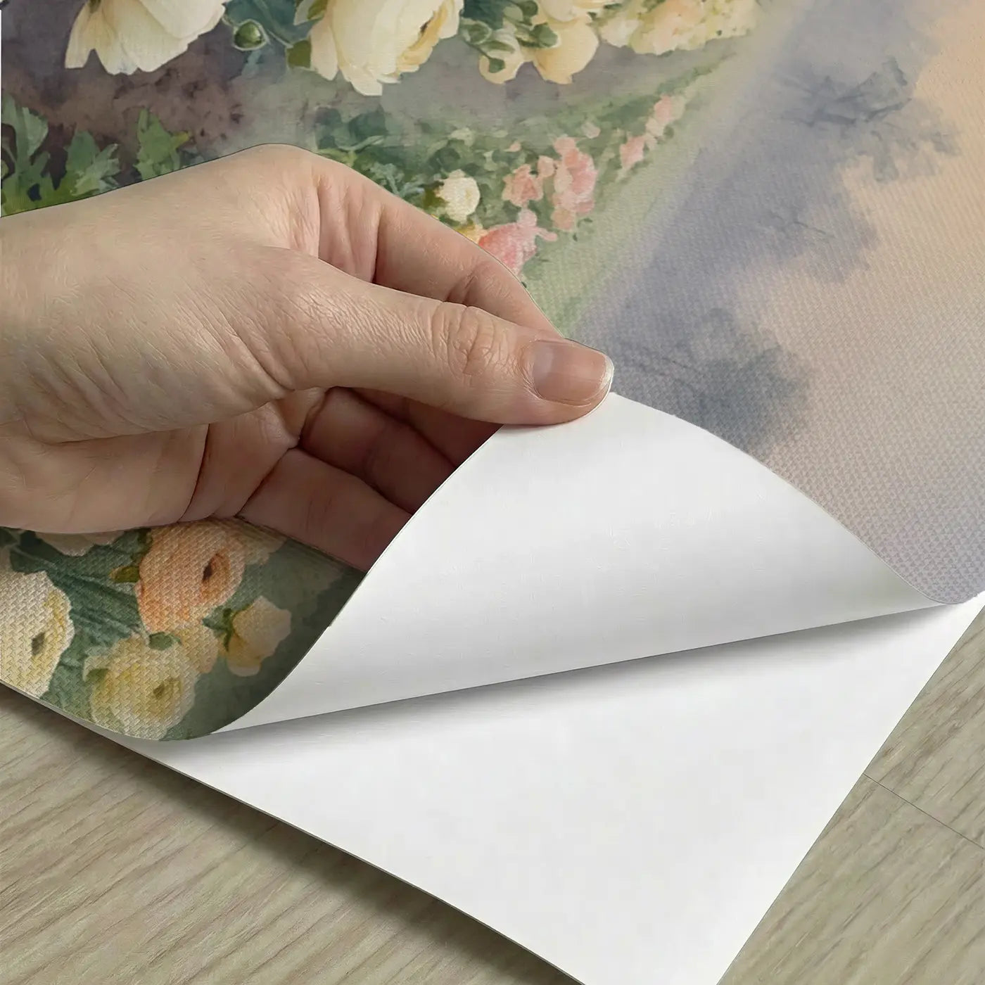 Peel-and-stick detail of Soft Ranunculus Field Wallpaper Mural by Whimsy Tots