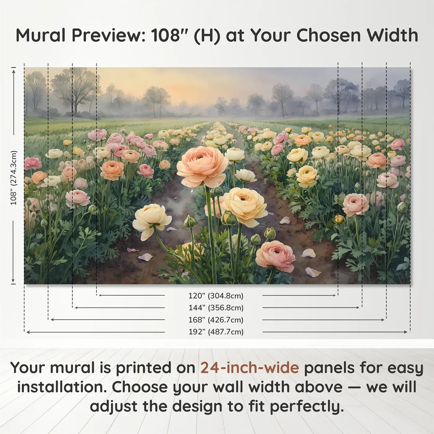 Panel layout and dimensions for Soft Ranunculus Field Wallpaper Mural by Whimsy Tots