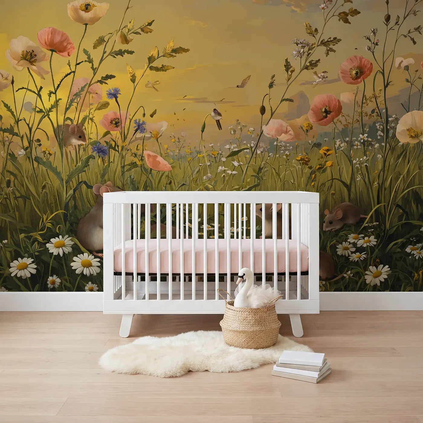 botanical elegance field mice daisy meadow wallpaper mural for nursery by Whimsy Tots