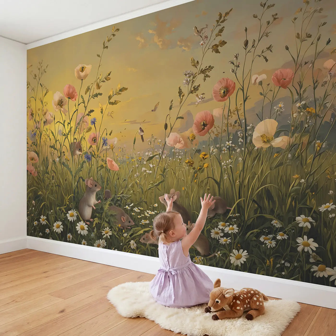Child in nursery with Field Mice Among Corn Wallpaper Mural by Whimsy Tots