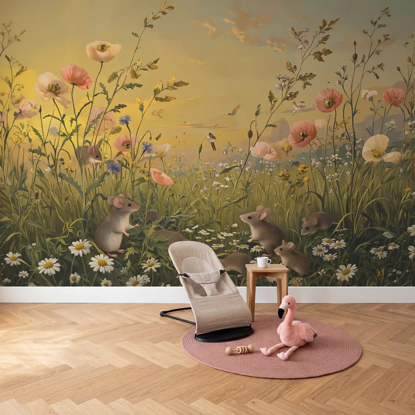 Field Mice Among Corn Wallpaper Mural in playroom setting by Whimsy Tots