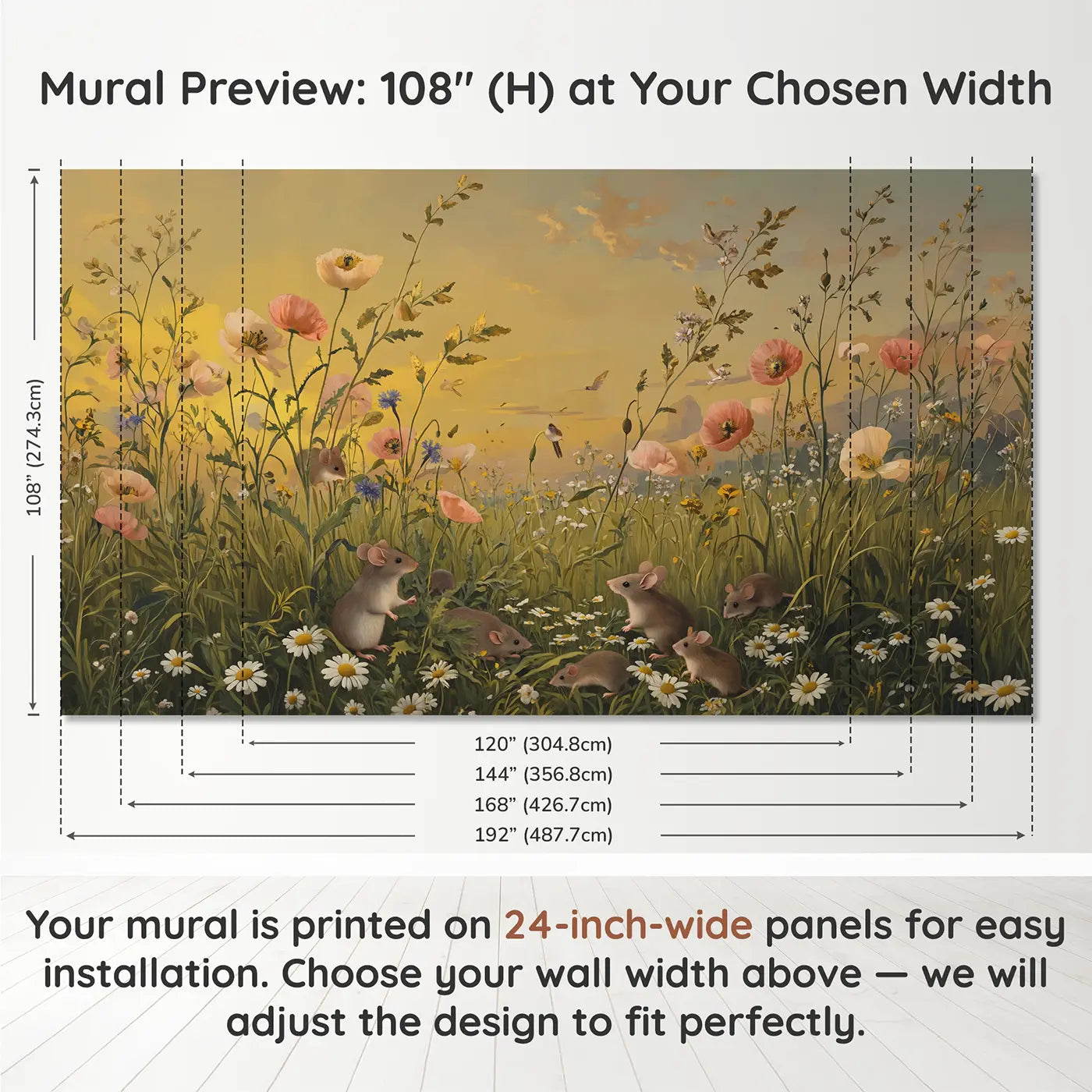 Panel layout and dimensions for Field Mice Among Corn Wallpaper Mural by Whimsy Tots