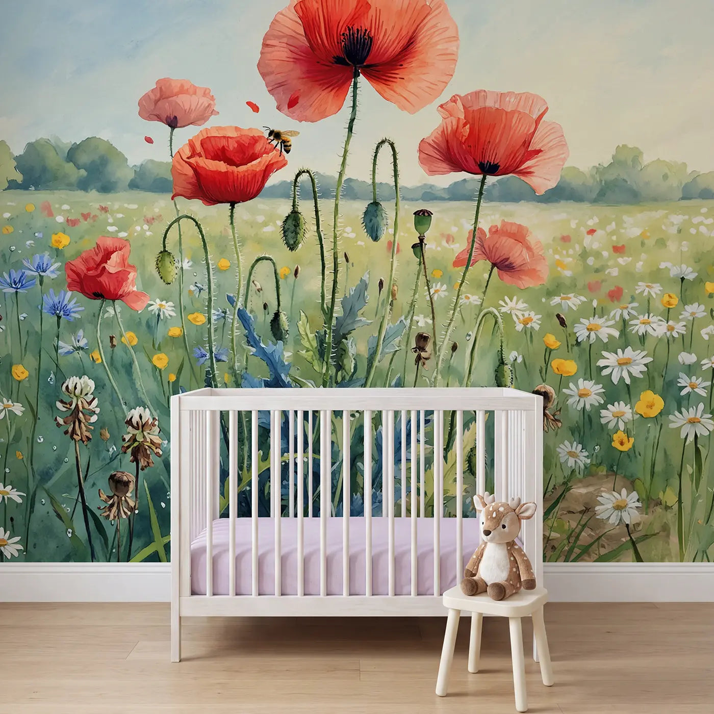 Watercolor wild poppy meadow field wallpaper mural for nursery by Whimsy Tots