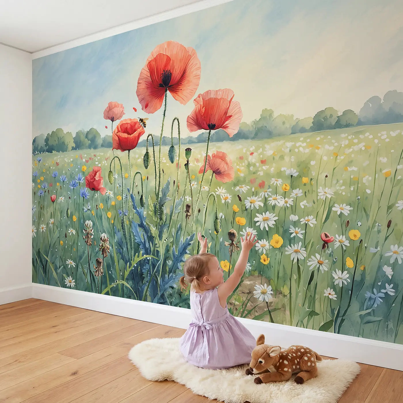 Child in nursery with Wild Poppy Cluster Wallpaper Mural by Whimsy Tots