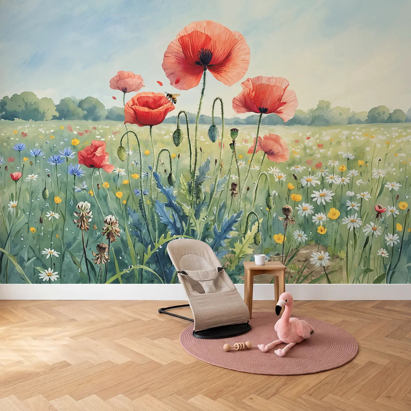 Wild Poppy Cluster Wallpaper Mural in playroom setting by Whimsy Tots