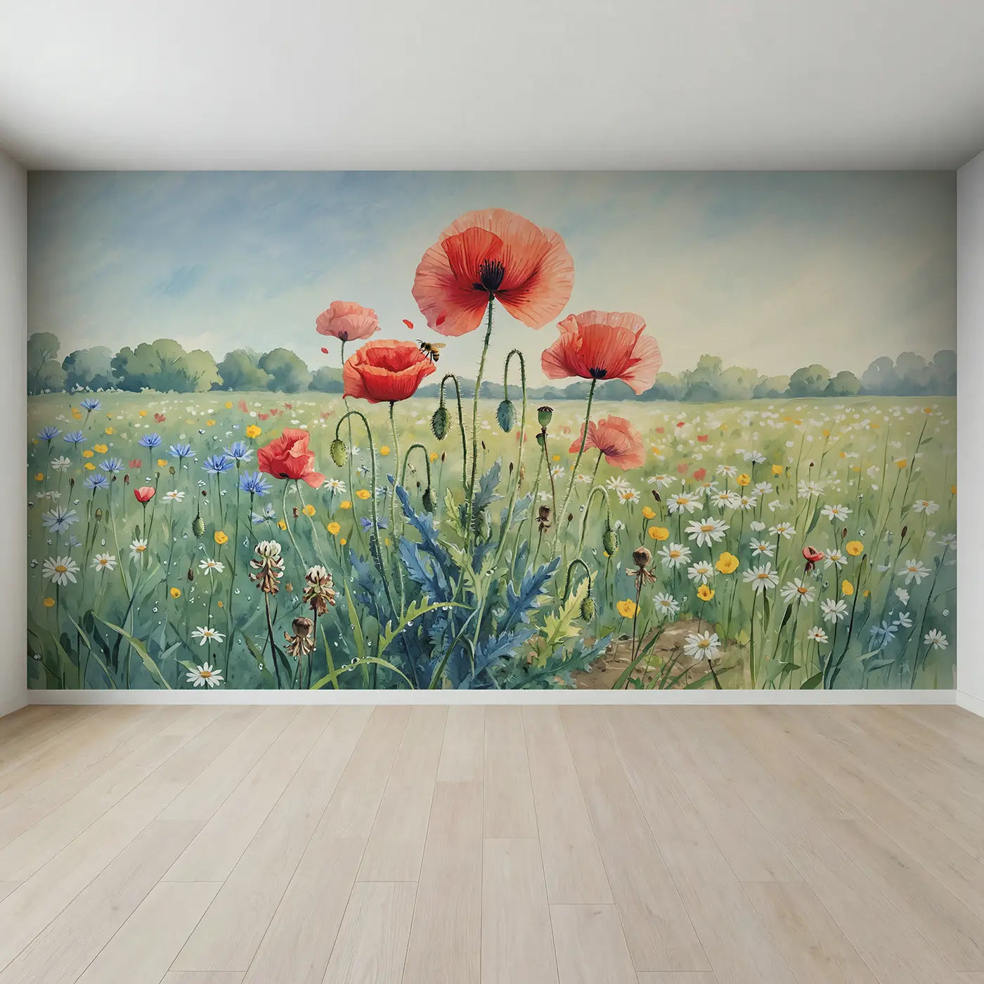 Full view of Wild Poppy Cluster Wallpaper Mural by Whimsy Tots