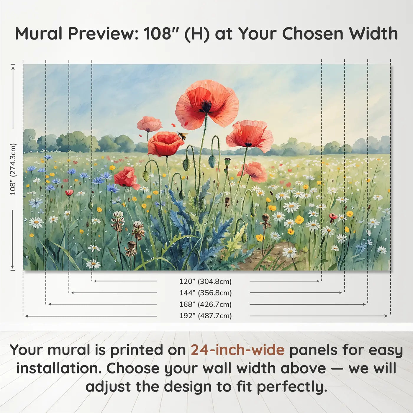 Panel layout and dimensions for Wild Poppy Cluster Wallpaper Mural by Whimsy Tots