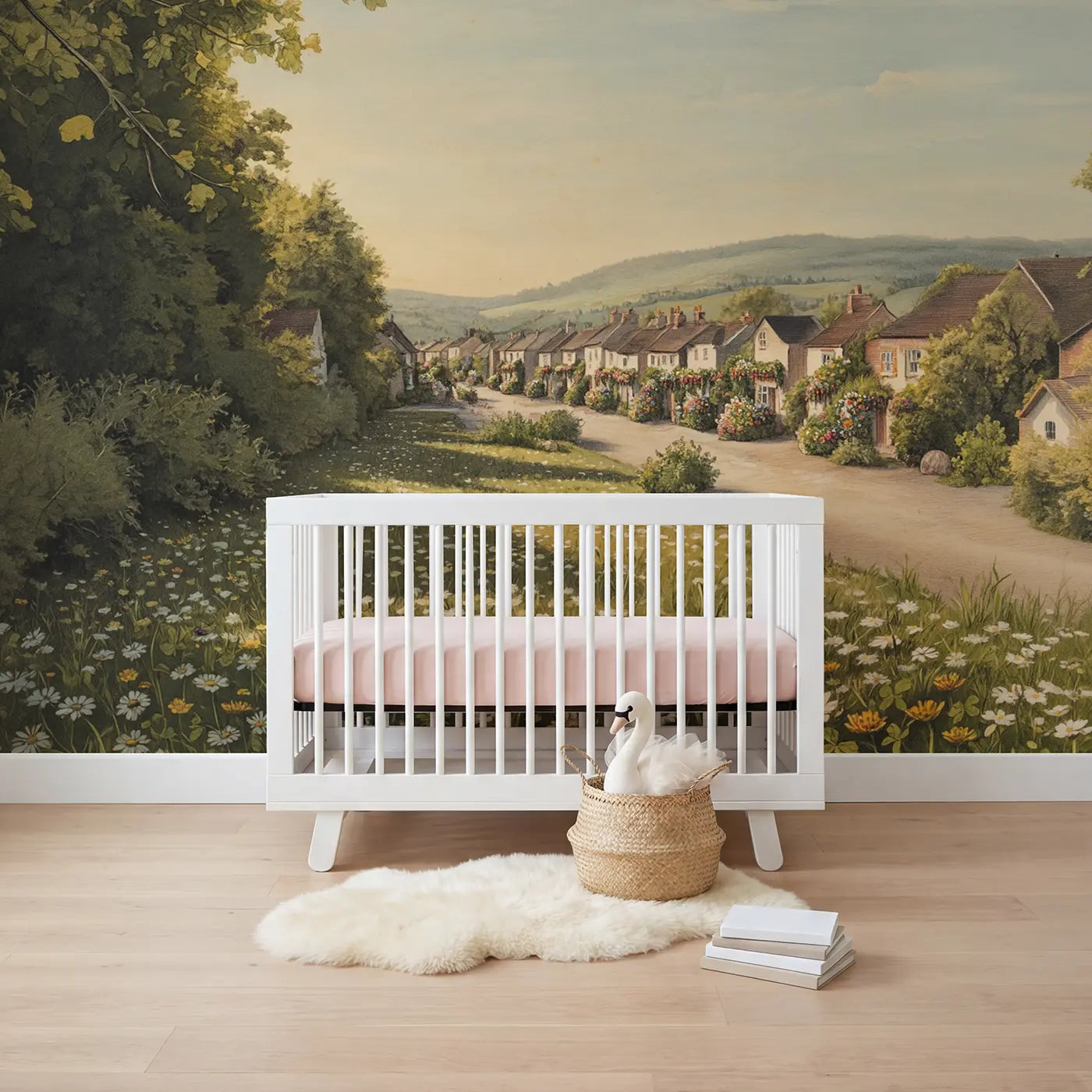 storybook flower window boxes cottage wallpaper mural for nursery by Whimsy Tots