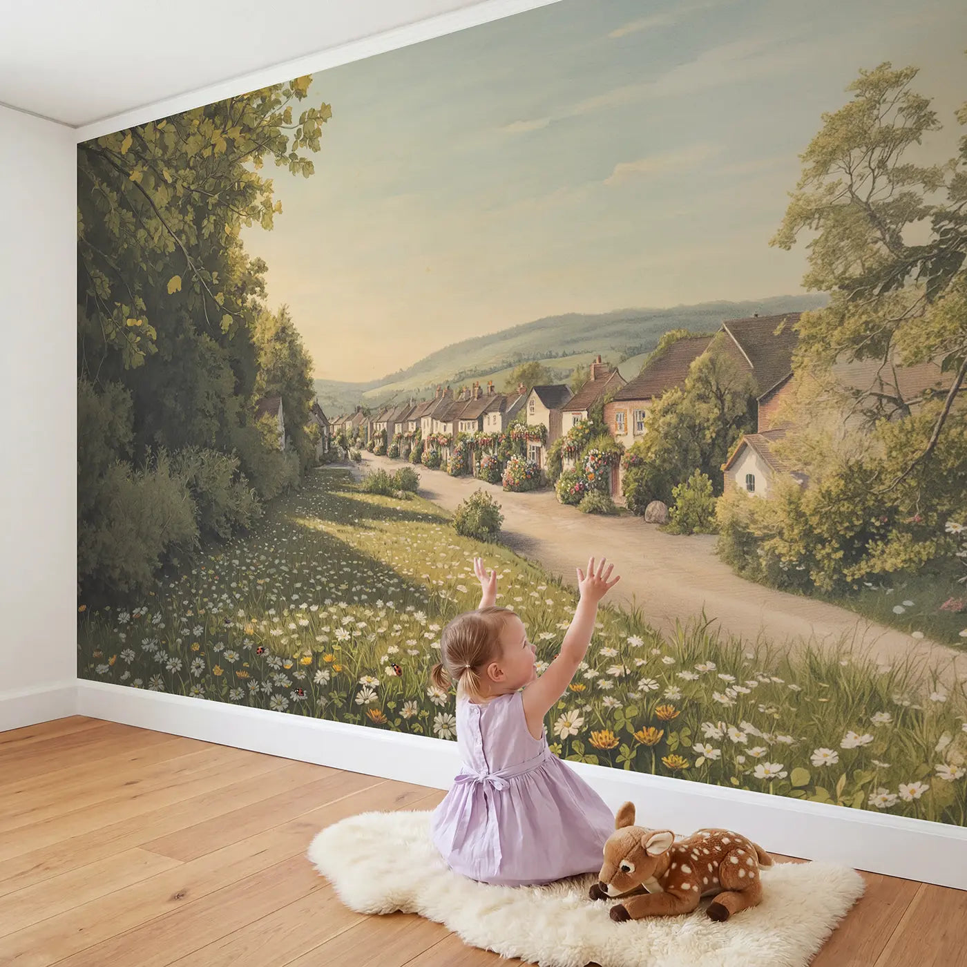 Child in nursery with Flowerfilled Window Boxes Row Wallpaper Mural by Whimsy Tots