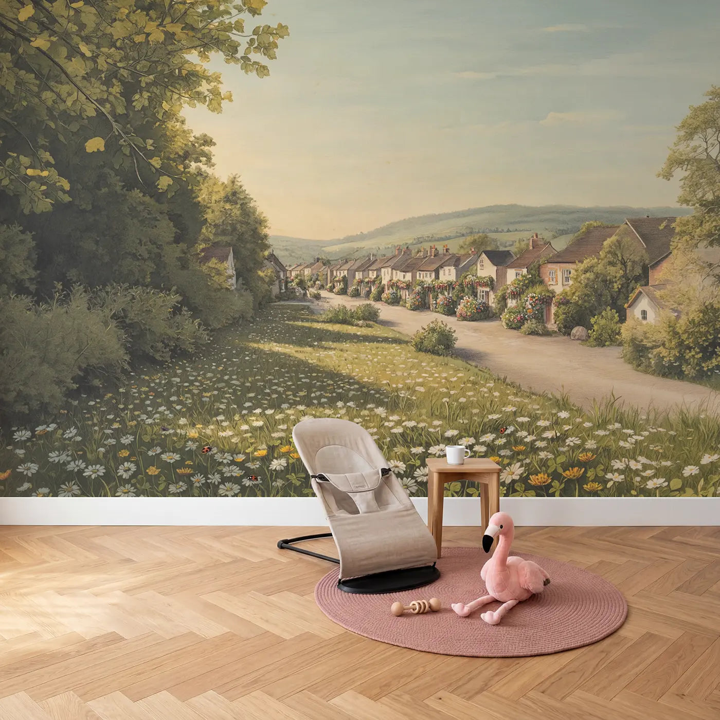 Flowerfilled Window Boxes Row Wallpaper Mural in playroom setting by Whimsy Tots