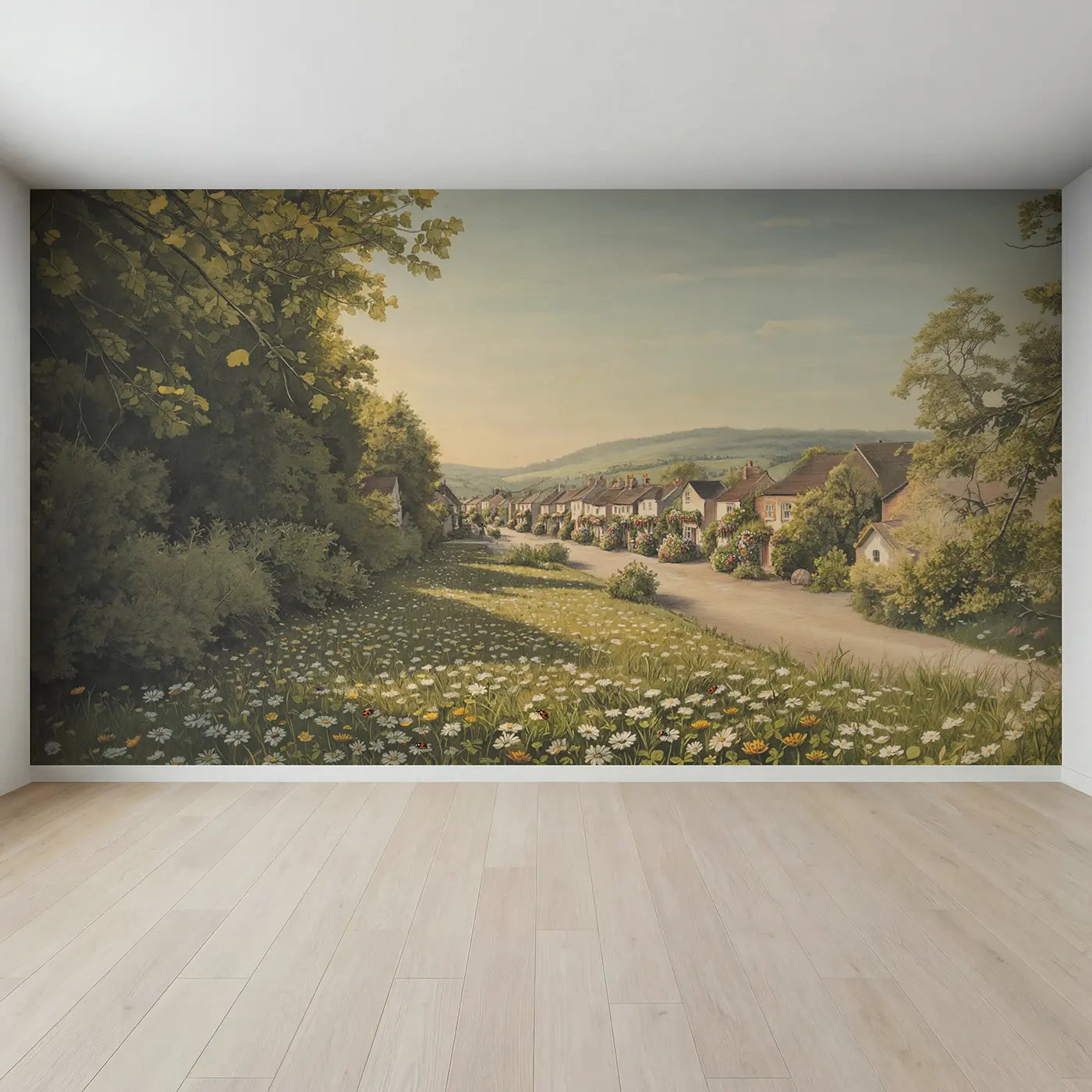 Full view of Flowerfilled Window Boxes Row Wallpaper Mural by Whimsy Tots