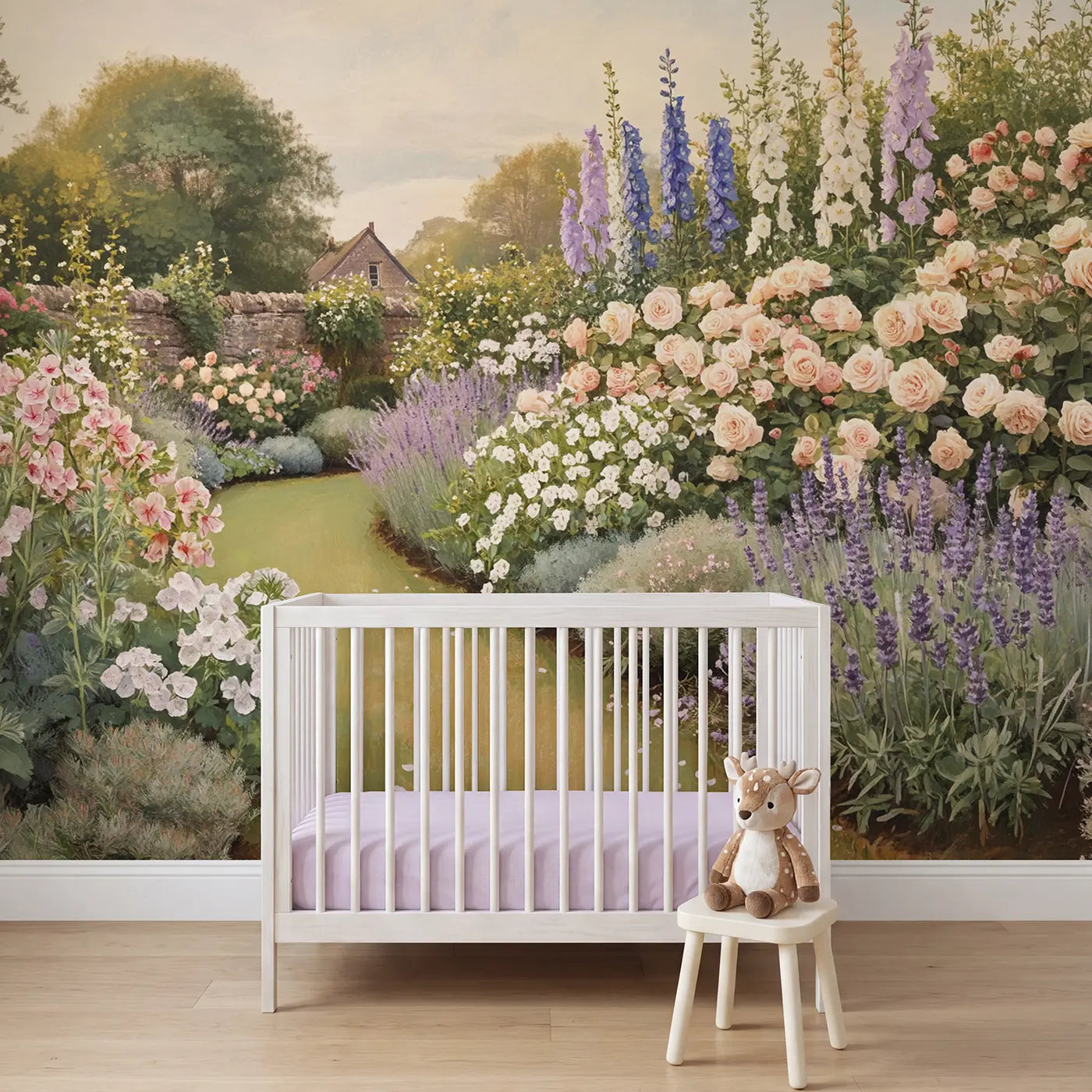 Soft pastel cottage garden herbaceous border wallpaper mural for nursery by Whimsy Tots