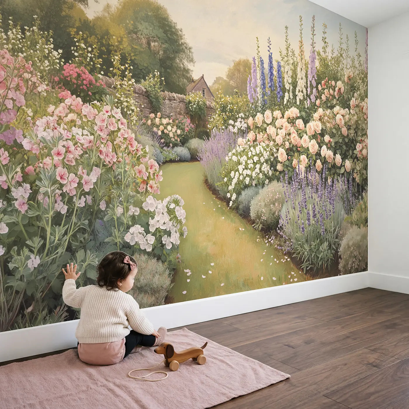Child in nursery with June Herbaceous Border Wallpaper Mural by Whimsy Tots