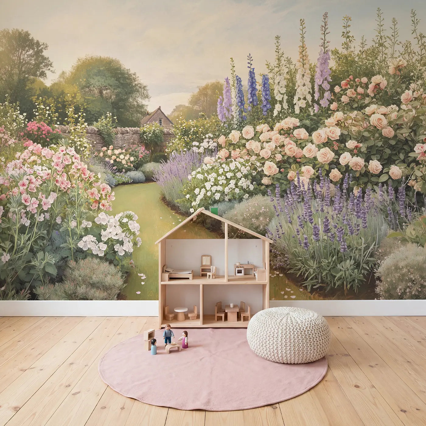 June Herbaceous Border Wallpaper Mural in playroom setting by Whimsy Tots