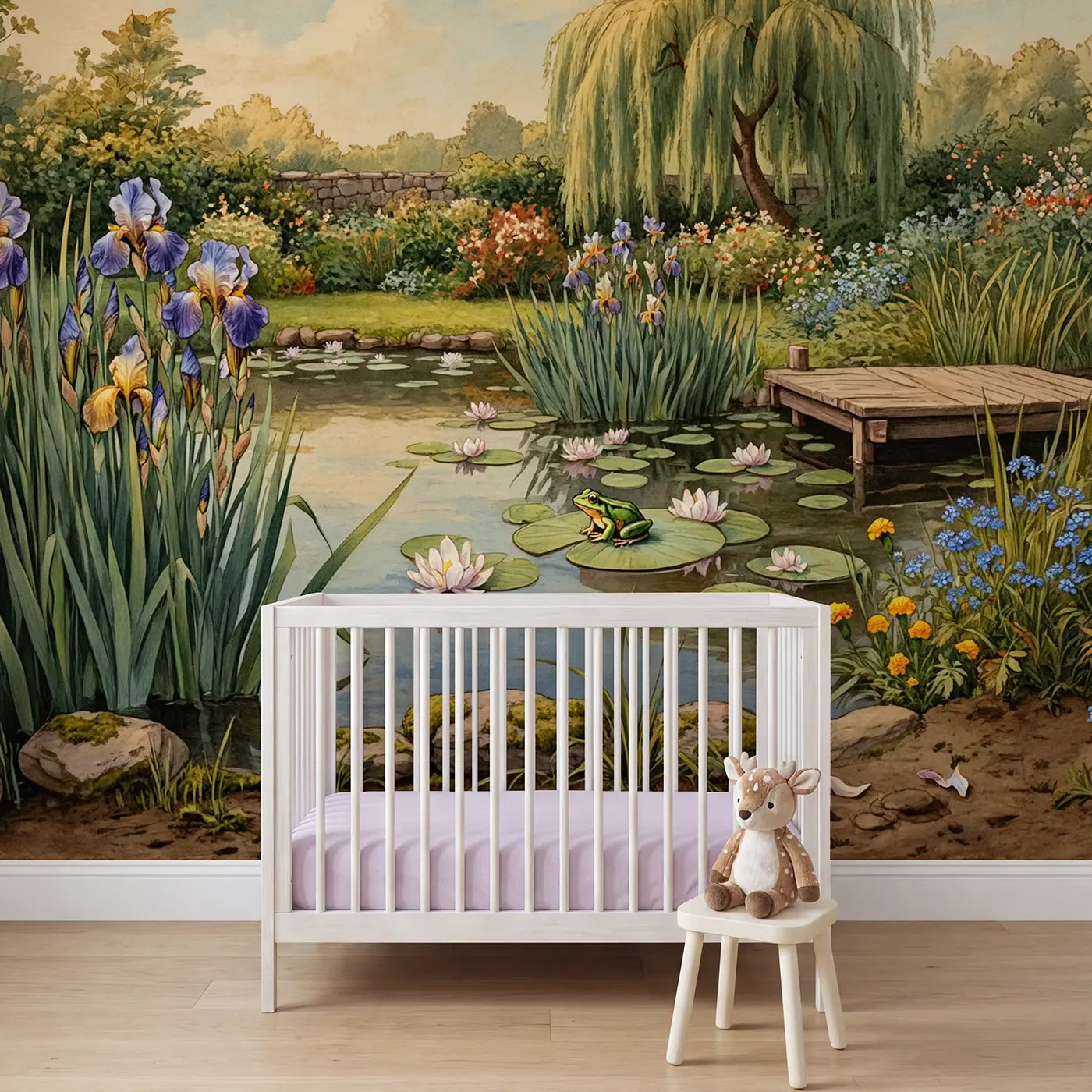 Storybook iris lily pond garden wallpaper mural for kids room by Whimsy Tots