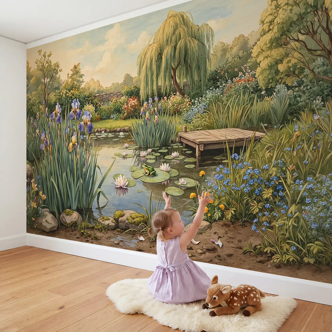 Child in nursery with Iris and Lily Pond Wallpaper Mural by Whimsy Tots