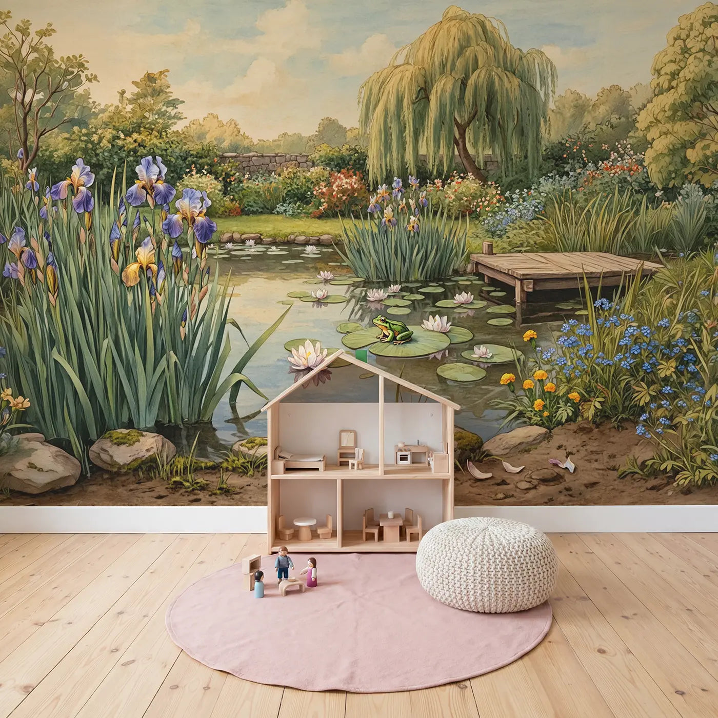 Iris and Lily Pond Wallpaper Mural in playroom setting by Whimsy Tots