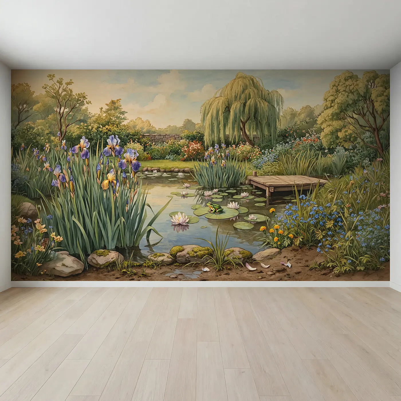 Full view of Iris and Lily Pond Wallpaper Mural by Whimsy Tots