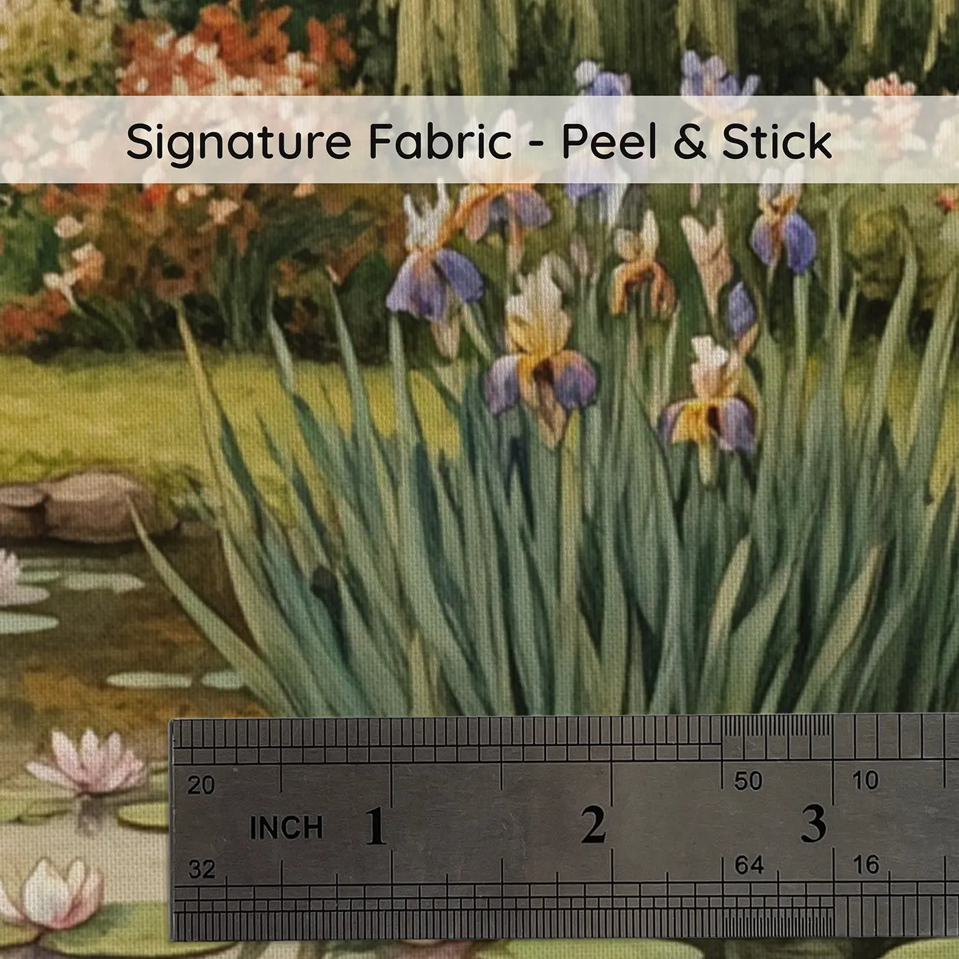 Fabric texture close-up of Iris and Lily Pond Wallpaper Mural by Whimsy Tots