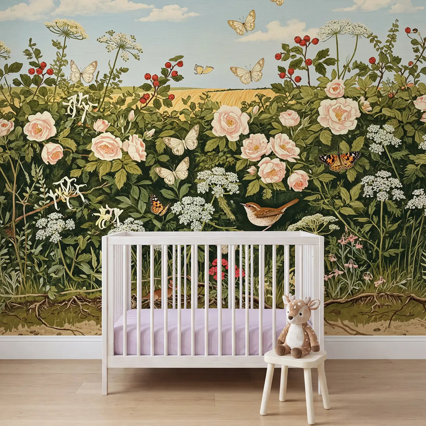Block Print summer hedgerow butterfly lane wallpaper mural for nursery by Whimsy Tots