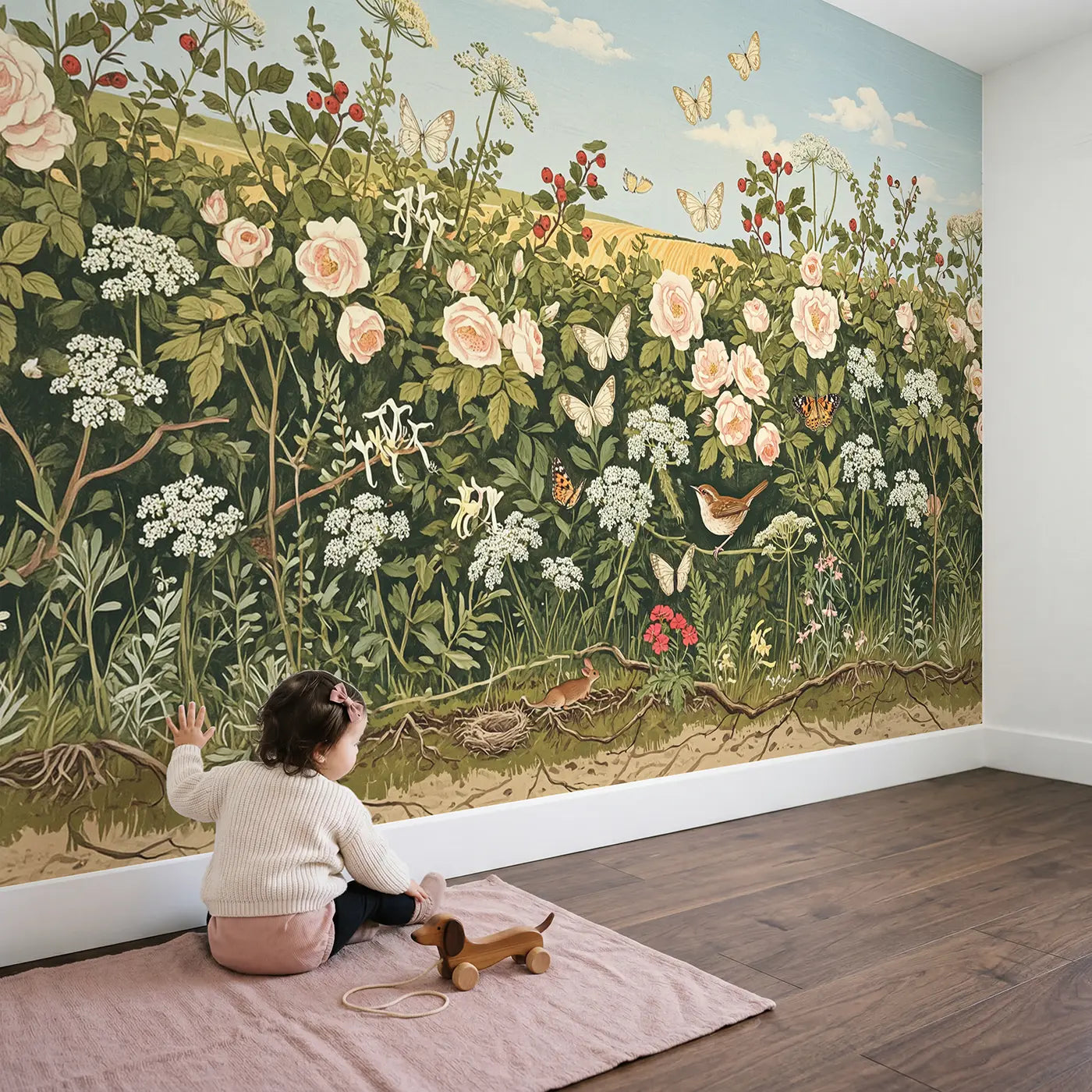 Child in nursery with Summer Hedgerow Butterfly Lane Wallpaper Mural by Whimsy Tots