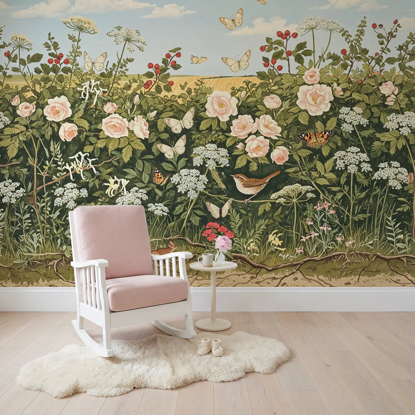 Summer Hedgerow Butterfly Lane Wallpaper Mural in playroom setting by Whimsy Tots