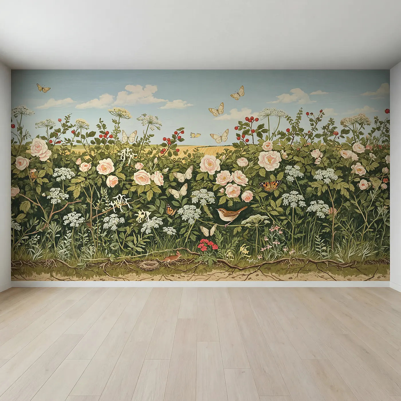 Full view of Summer Hedgerow Butterfly Lane Wallpaper Mural by Whimsy Tots