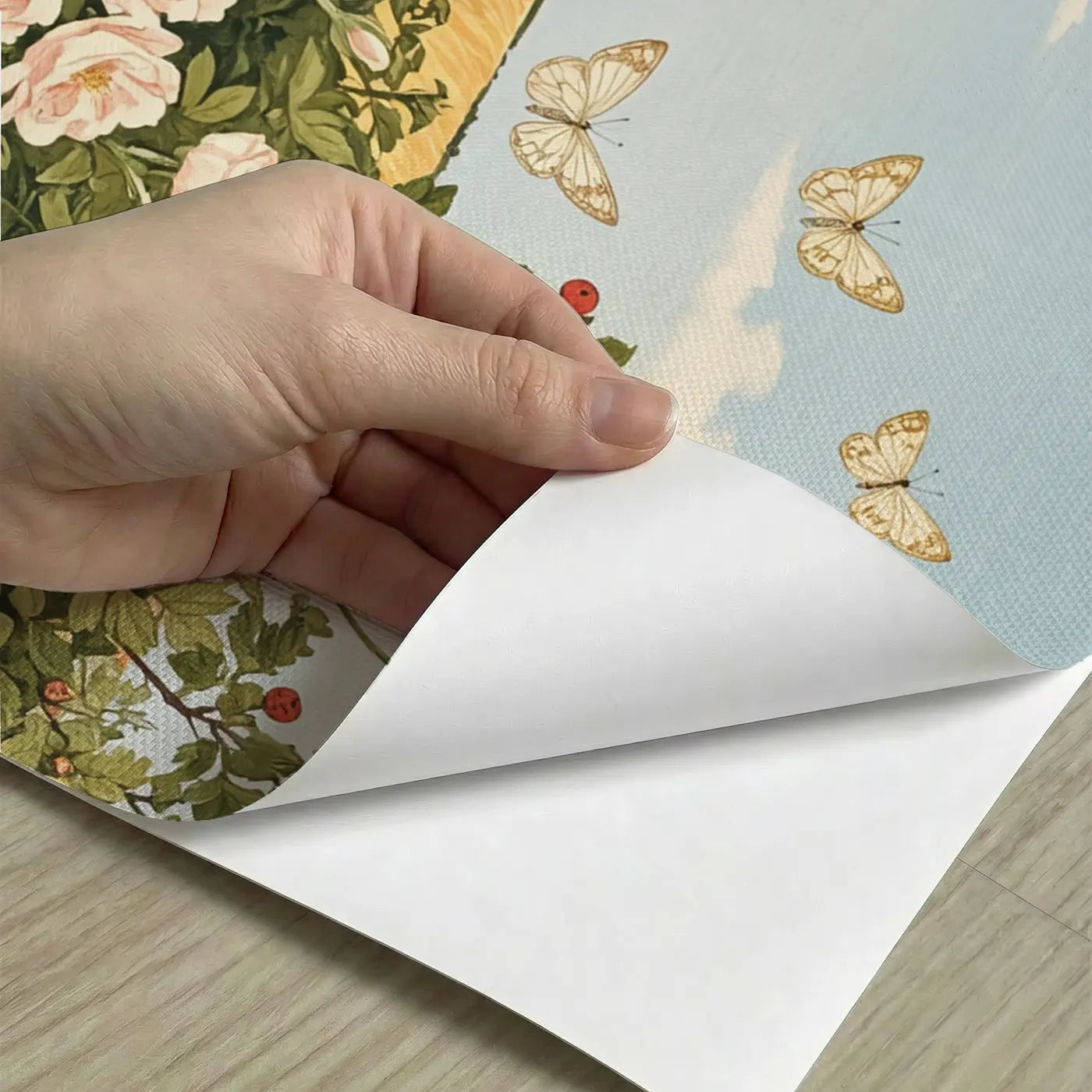 Peel-and-stick detail of Summer Hedgerow Butterfly Lane Wallpaper Mural by Whimsy Tots